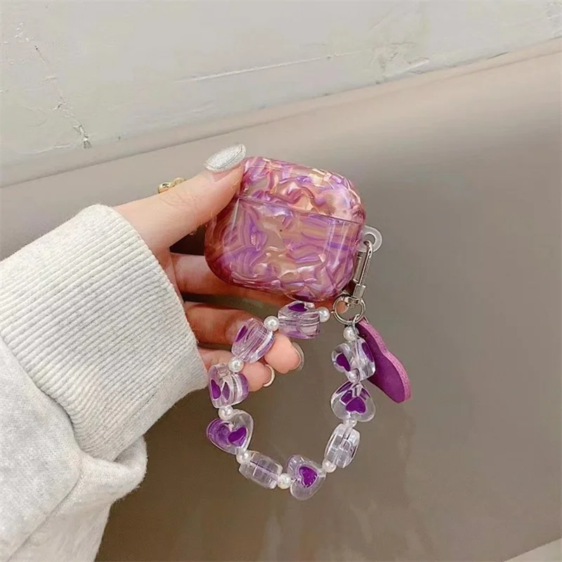 Étui de protection en TPU souple avec motif violet profond et chaîne d'amour pour Apple AirPods 3, texture élégante