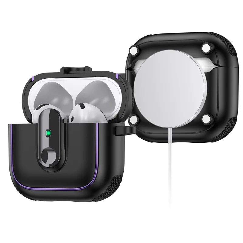 Funda de Armadura Electropulida para AirPods 4 de TPU + PC con Hebilla de Bloqueo y Mosquetón - Negro / Verde Ejército