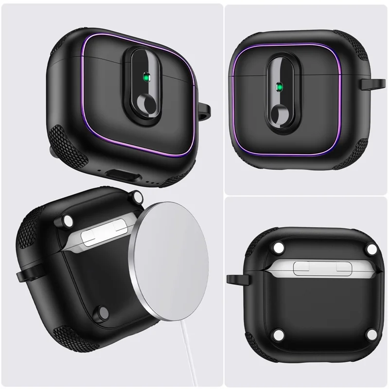 Funda de Armadura Electropulida para AirPods 4 de TPU + PC con Hebilla de Bloqueo y Mosquetón - Negro / Verde Ejército