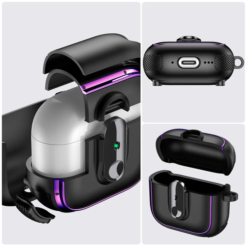 Funda de Armadura Electropulida para AirPods 4 de TPU + PC con Hebilla de Bloqueo y Mosquetón - Negro / Verde Ejército