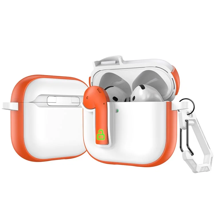 For AirPods 4 Case Colorful Lock Buckle Shockproof TPU + PC Earphone Cover with Carabiner - White  /  Orange