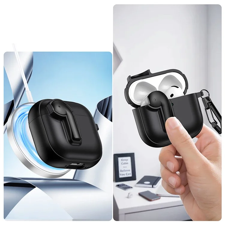 For AirPods 4 Case Colorful Lock Buckle Shockproof TPU + PC Earphone Cover with Carabiner - White  /  Orange