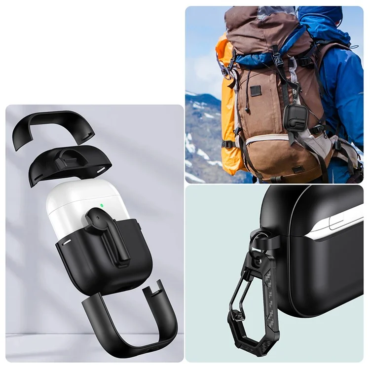 For AirPods 4 Case Colorful Lock Buckle Shockproof TPU + PC Earphone Cover with Carabiner - White  /  Orange