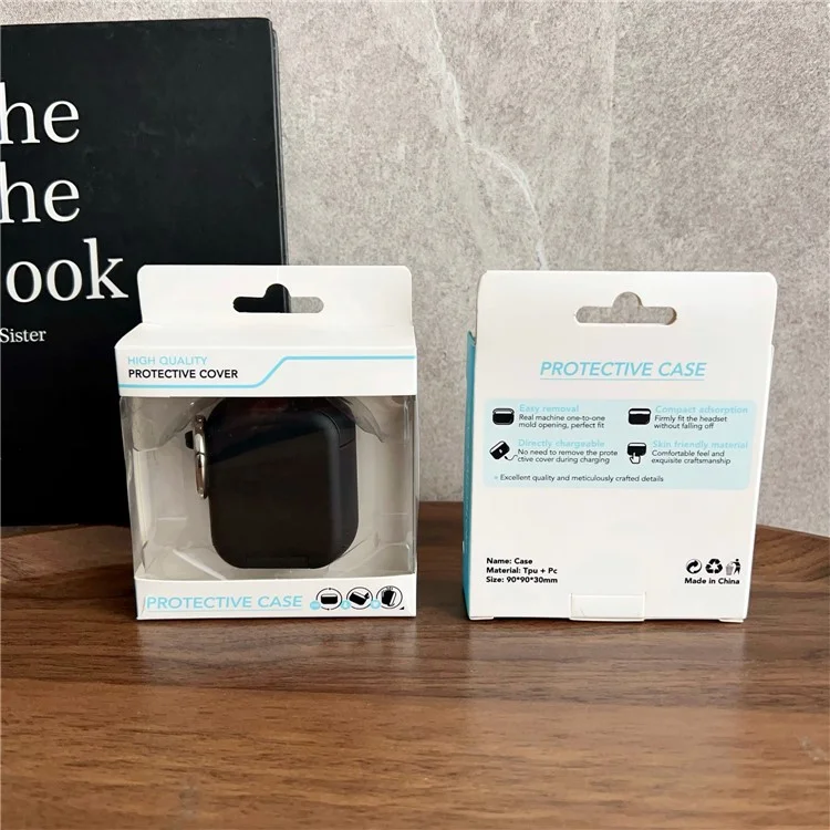Étui de protection pour Apple AirPods avec boîtier de charge sans fil (2019) / avec boîtier de charge (2019) / (2016) Écouteurs TWS Housse PC + TPU avec crochet - Noir