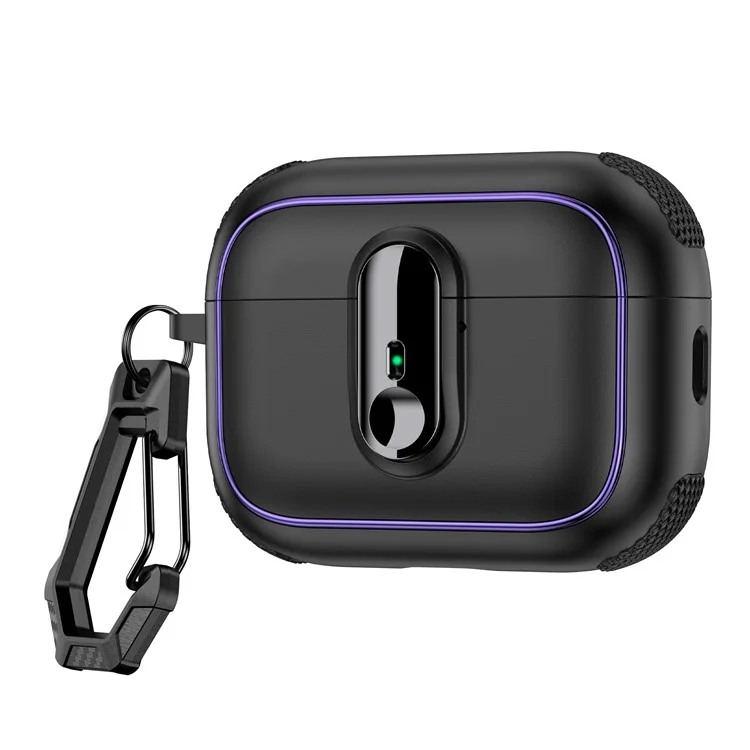 For Apple AirPods Pro Case Armor Electroplated TPU + PC Earphone Cover with Lock Buckle and Carabiner - Black
