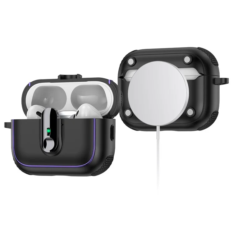 For Apple AirPods Pro Case Armor Electroplated TPU + PC Earphone Cover with Lock Buckle and Carabiner - Black