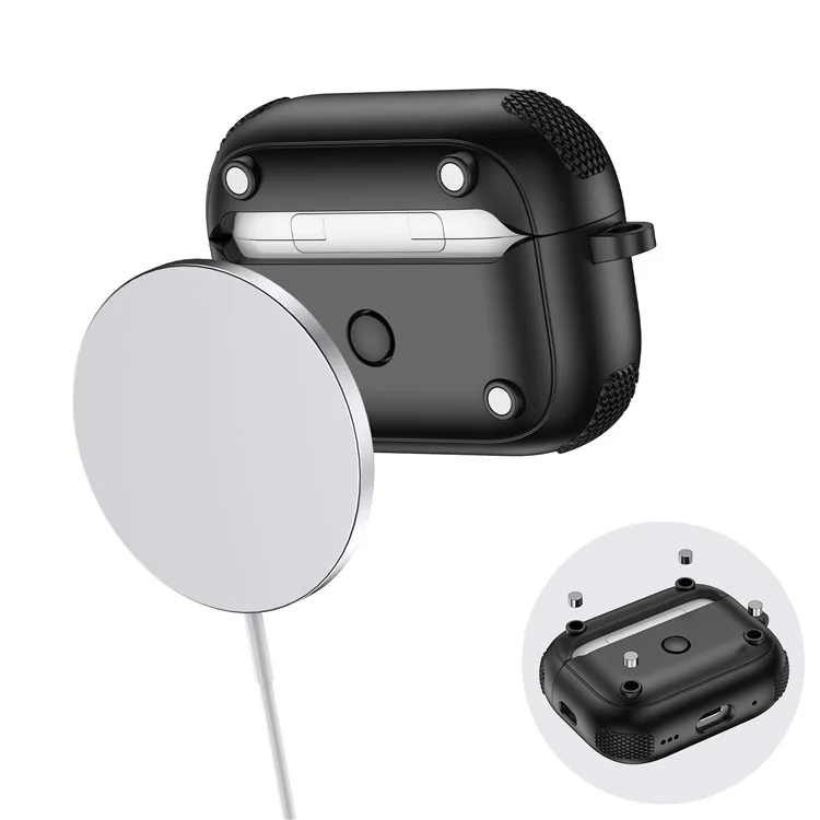 For Apple AirPods Pro Case Armor Electroplated TPU + PC Earphone Cover with Lock Buckle and Carabiner - Black