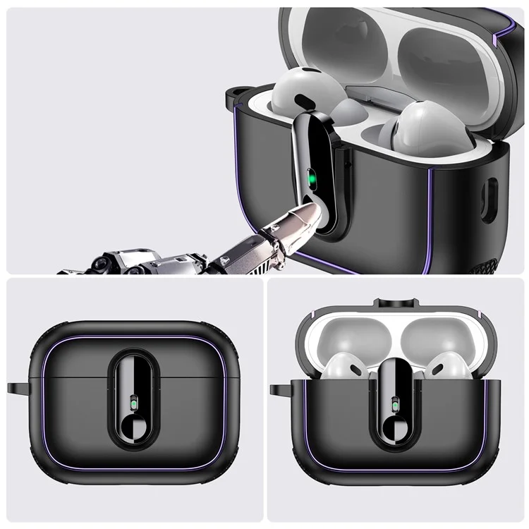 For Apple AirPods Pro Case Armor Electroplated TPU + PC Earphone Cover with Lock Buckle and Carabiner - Black