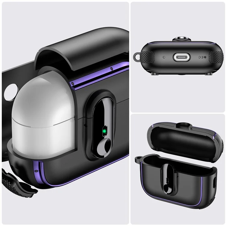 For Apple AirPods Pro Case Armor Electroplated TPU + PC Earphone Cover with Lock Buckle and Carabiner - Black