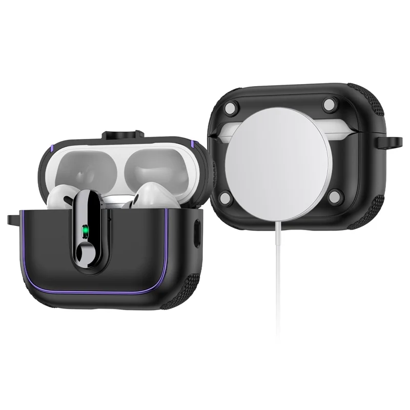 For AirPods Pro 2 Case Armor Electroplated TPU + PC Earphone Cover with Lock Buckle and Carabiner - Black  /  White