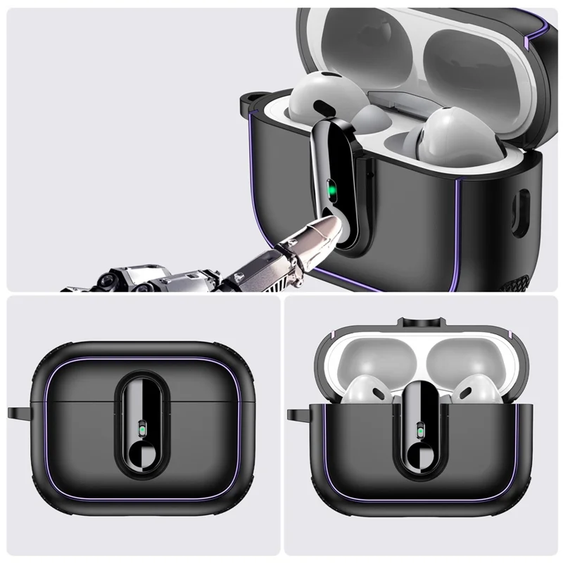 For AirPods Pro 2 Case Armor Electroplated TPU + PC Earphone Cover with Lock Buckle and Carabiner - Black  /  White