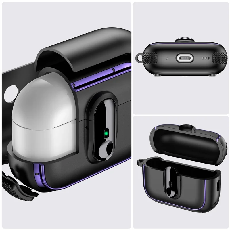 For AirPods Pro 2 Case Armor Electroplated TPU + PC Earphone Cover with Lock Buckle and Carabiner - Black  /  White