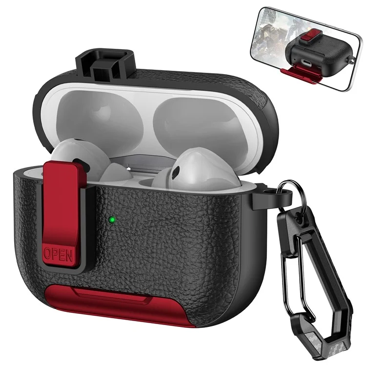 For Apple AirPods Pro Protective Case with Stand Litchi Texture Leather TPU + PC Earphone Cover with Lock Buckle and Carabiner - Black  /  Red