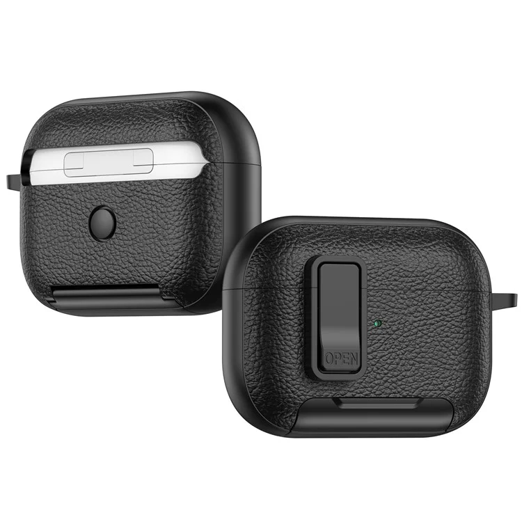 For Apple AirPods Pro Protective Case with Stand Litchi Texture Leather TPU + PC Earphone Cover with Lock Buckle and Carabiner - Black  /  Red