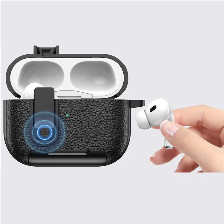 For Apple AirPods Pro Protective Case with Stand Litchi Texture Leather TPU + PC Earphone Cover with Lock Buckle and Carabiner - Black  /  Red