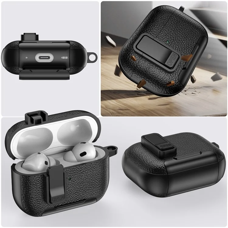 For Apple AirPods Pro Protective Case with Stand Litchi Texture Leather TPU + PC Earphone Cover with Lock Buckle and Carabiner - Black  /  Red