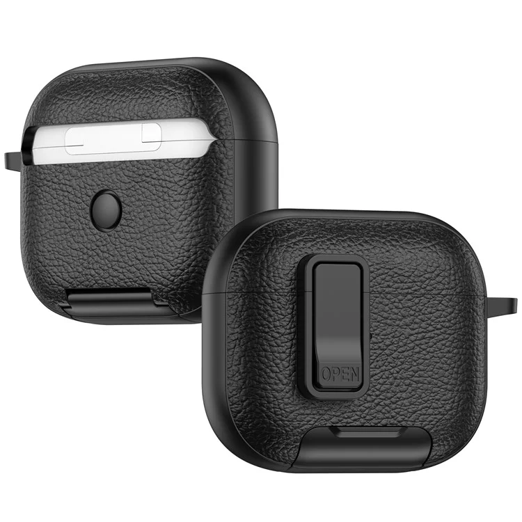 For Apple AirPods 3 Protective Case with Stand Litchi Texture Leather TPU + PC Earphone Cover with Lock Buckle and Carabiner - Black