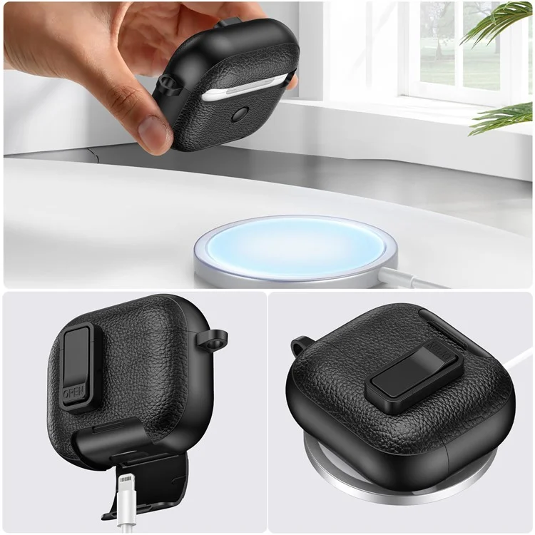 For Apple AirPods 3 Protective Case with Stand Litchi Texture Leather TPU + PC Earphone Cover with Lock Buckle and Carabiner - Black