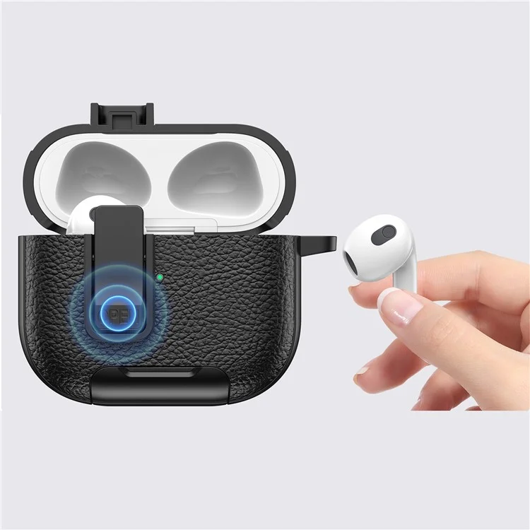 For Apple AirPods 3 Protective Case with Stand Litchi Texture Leather TPU + PC Earphone Cover with Lock Buckle and Carabiner - Black