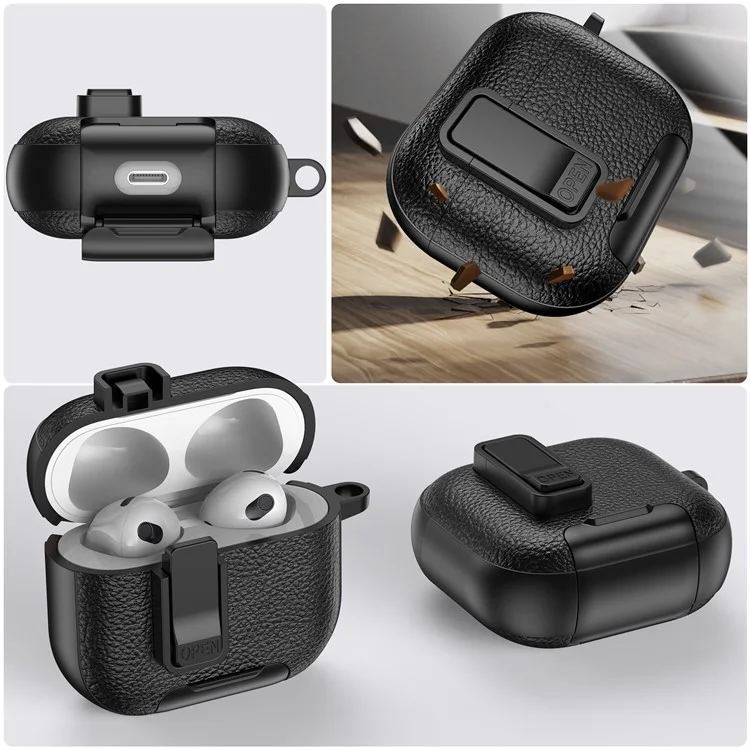 For Apple AirPods 3 Protective Case with Stand Litchi Texture Leather TPU + PC Earphone Cover with Lock Buckle and Carabiner - Black