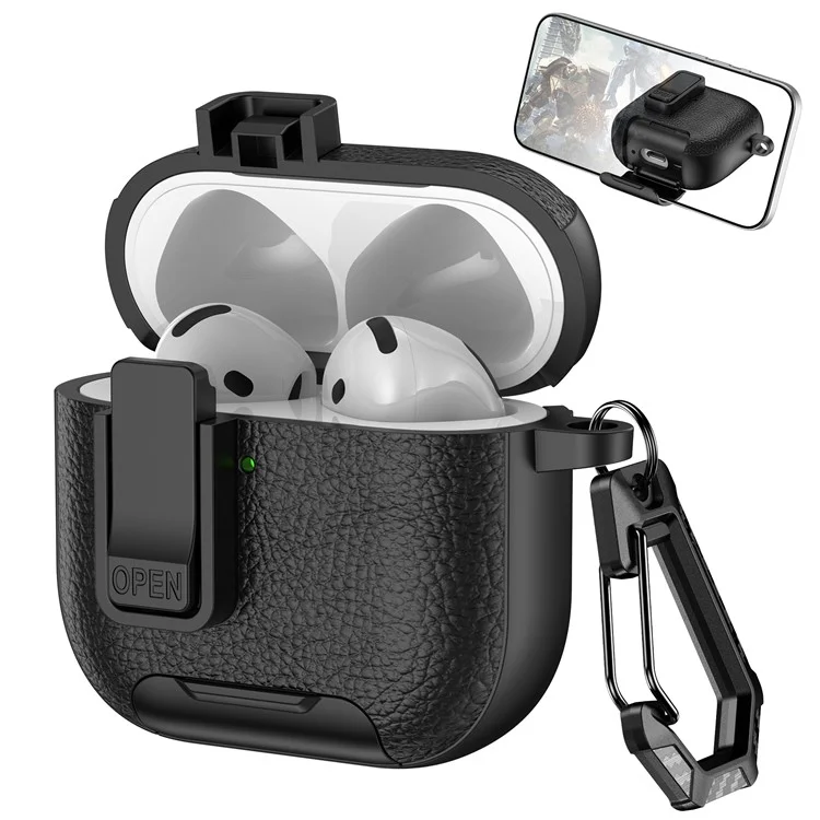 For AirPods 4 Protective Case with Stand Litchi Texture Leather TPU + PC Earphone Cover with Lock Buckle and Carabiner - Black
