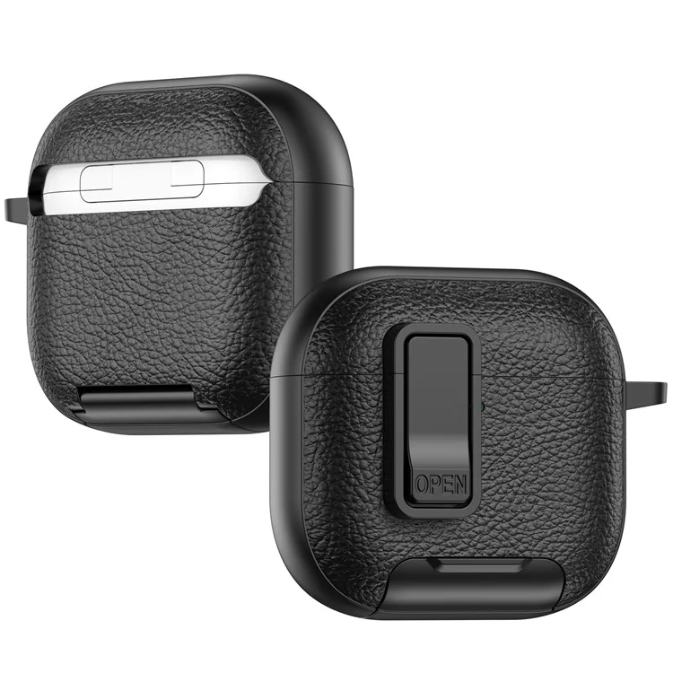 For AirPods 4 Protective Case with Stand Litchi Texture Leather TPU + PC Earphone Cover with Lock Buckle and Carabiner - Black