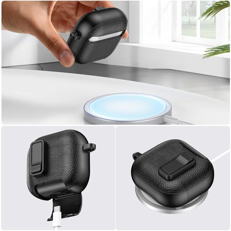 For AirPods 4 Protective Case with Stand Litchi Texture Leather TPU + PC Earphone Cover with Lock Buckle and Carabiner - Black
