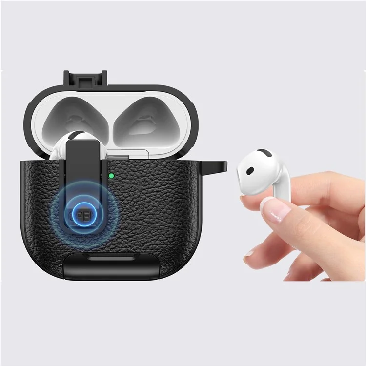 For AirPods 4 Protective Case with Stand Litchi Texture Leather TPU + PC Earphone Cover with Lock Buckle and Carabiner - Black