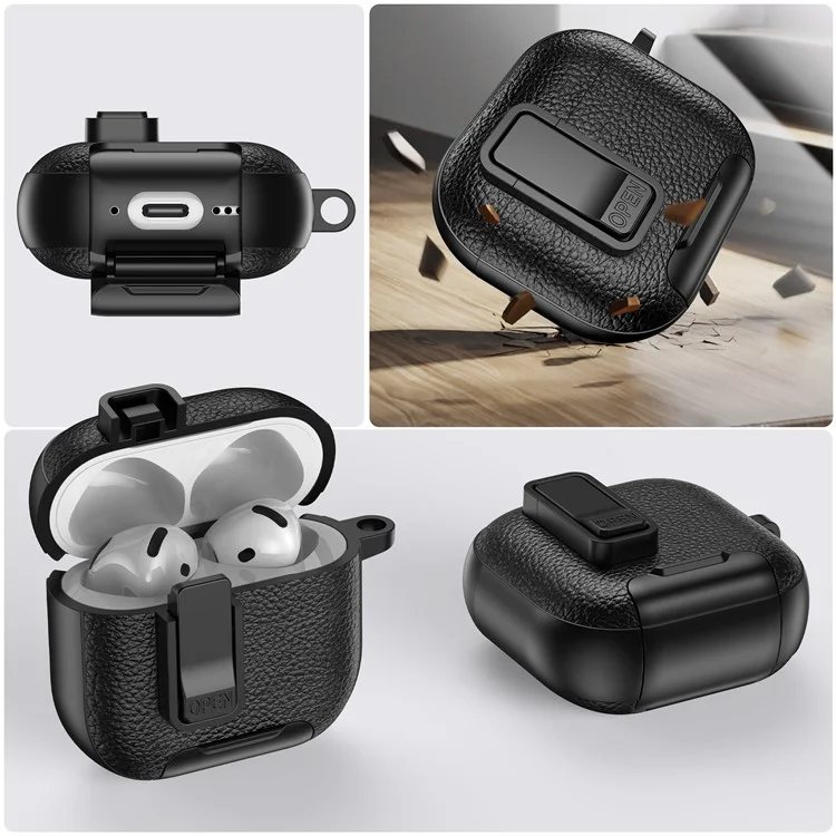 For AirPods 4 Protective Case with Stand Litchi Texture Leather TPU + PC Earphone Cover with Lock Buckle and Carabiner - Black