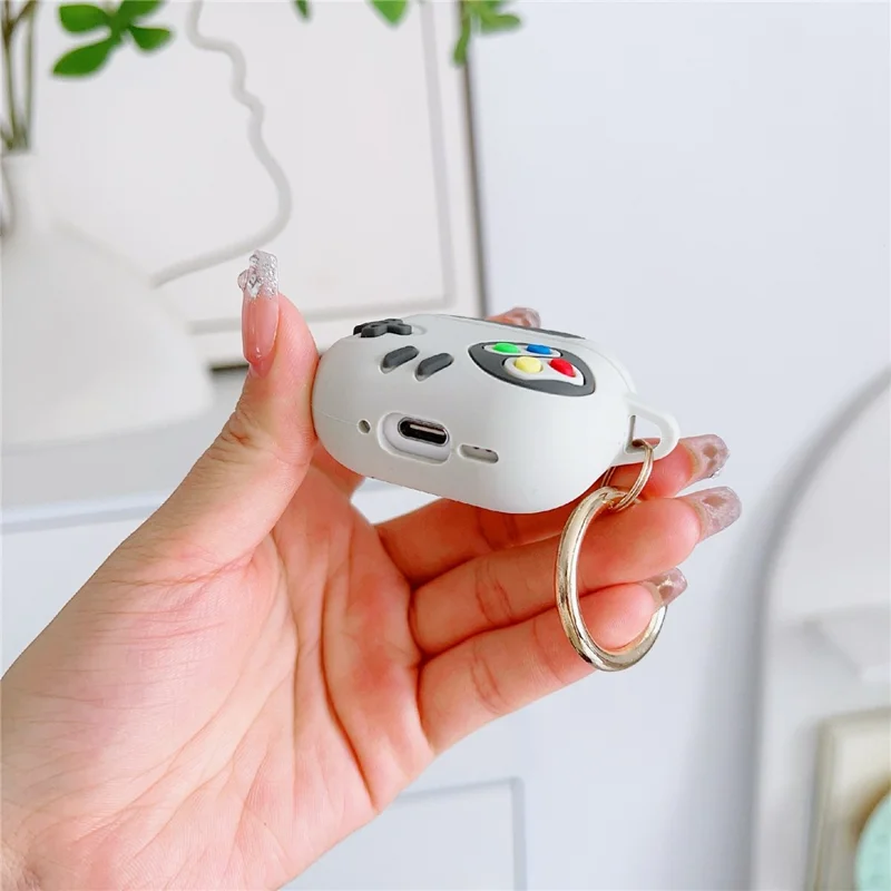 For AirPods 4 Silicone Case Game Console Shape Wireless Earbuds Shell with Hook - White