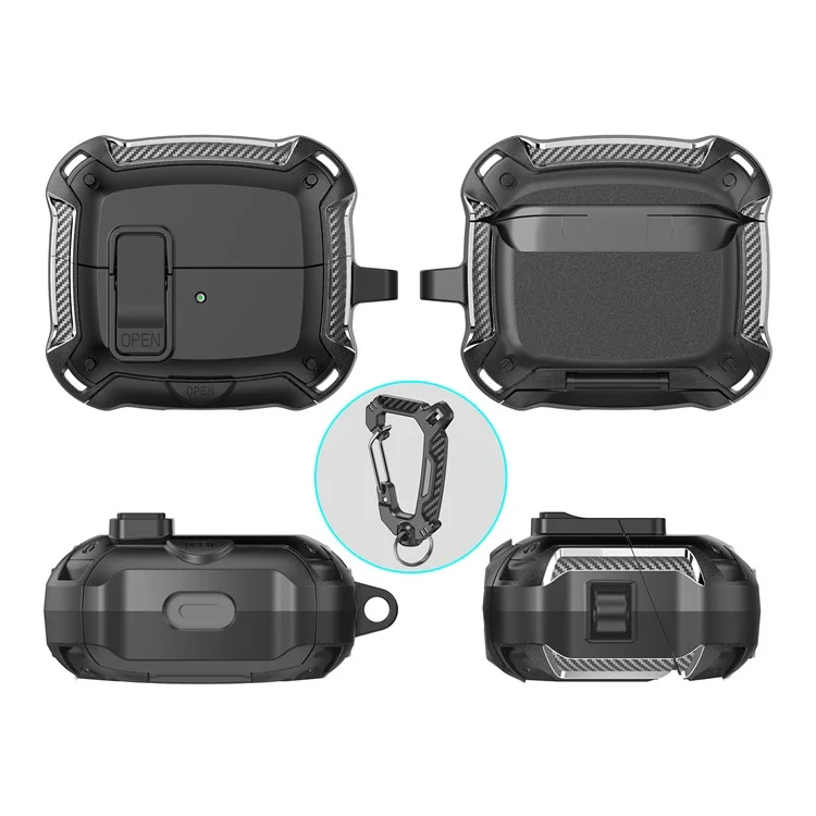 For Samsung Galaxy Buds3 Pro  /  Buds3 Case TPU + PC Earphones Cover with Lock Switch Carabiner Phone Stand - Black