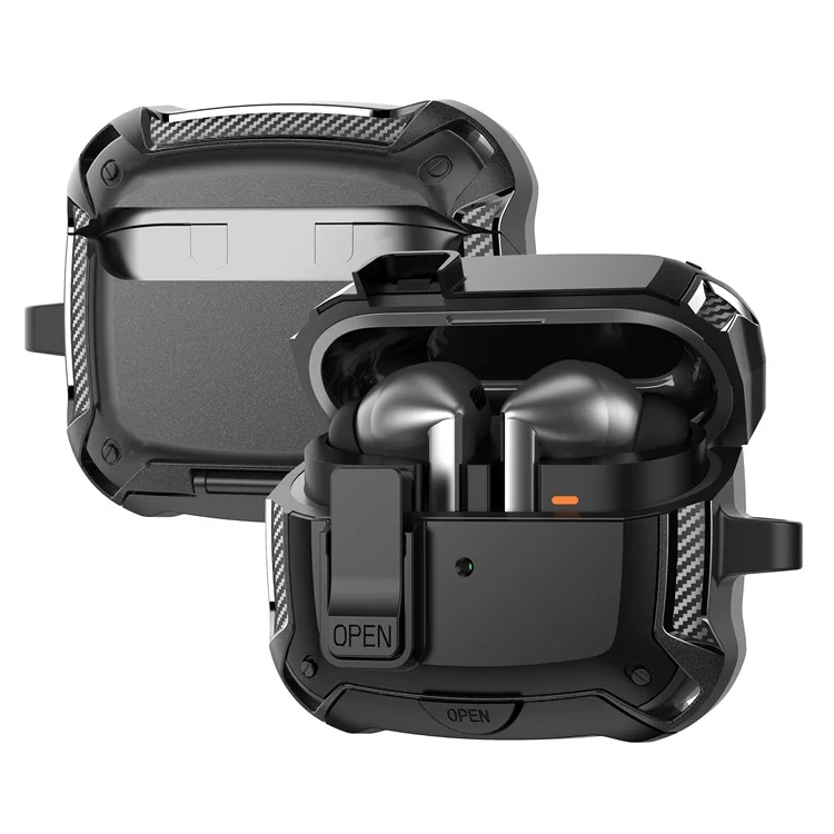 For Samsung Galaxy Buds3 Pro  /  Buds3 Case TPU + PC Earphones Cover with Lock Switch Carabiner Phone Stand - Black