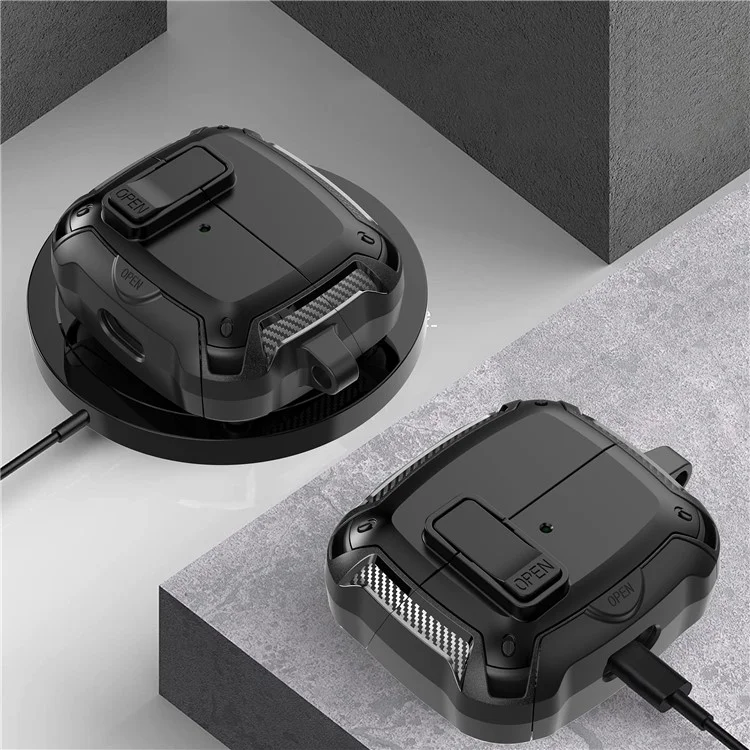 For Samsung Galaxy Buds3 Pro  /  Buds3 Case TPU + PC Earphones Cover with Lock Switch Carabiner Phone Stand - Black