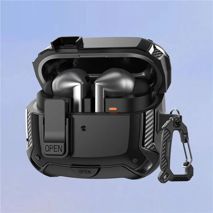 For Samsung Galaxy Buds3 Pro  /  Buds3 Case TPU + PC Earphones Cover with Lock Switch Carabiner Phone Stand - Black