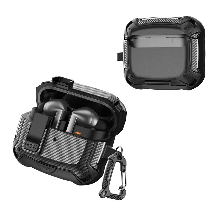 Funda de Fibra de Carbono para Samsung Galaxy Buds3 Pro / Buds3 con Interruptor de Bloqueo, Mosquetón y Soporte para Teléfono - Negro