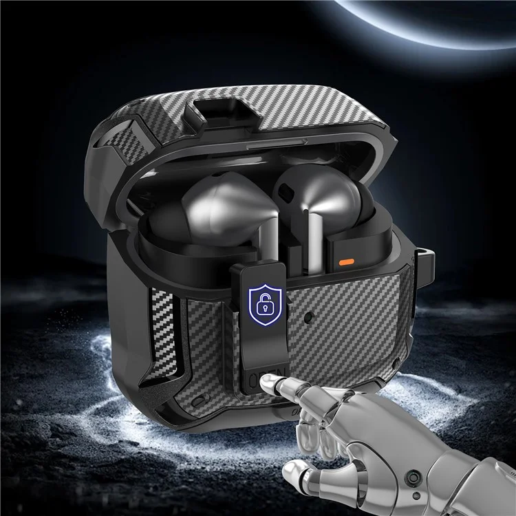 Funda de Fibra de Carbono para Samsung Galaxy Buds3 Pro / Buds3 con Interruptor de Bloqueo, Mosquetón y Soporte para Teléfono - Negro