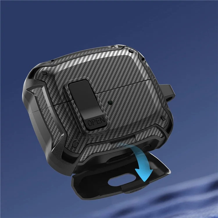 Funda de Fibra de Carbono para Samsung Galaxy Buds3 Pro / Buds3 con Interruptor de Bloqueo, Mosquetón y Soporte para Teléfono - Negro