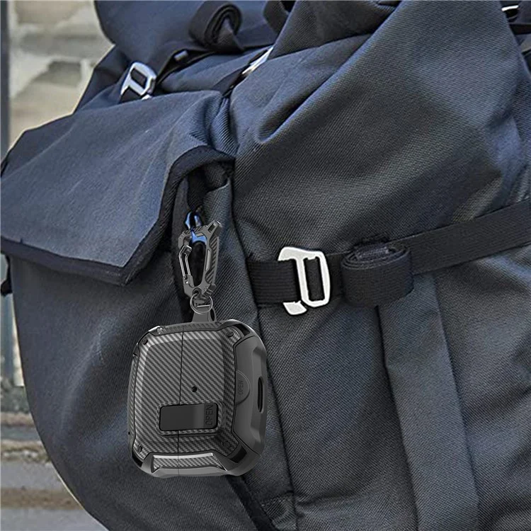 Funda de Fibra de Carbono para Samsung Galaxy Buds3 Pro / Buds3 con Interruptor de Bloqueo, Mosquetón y Soporte para Teléfono - Negro