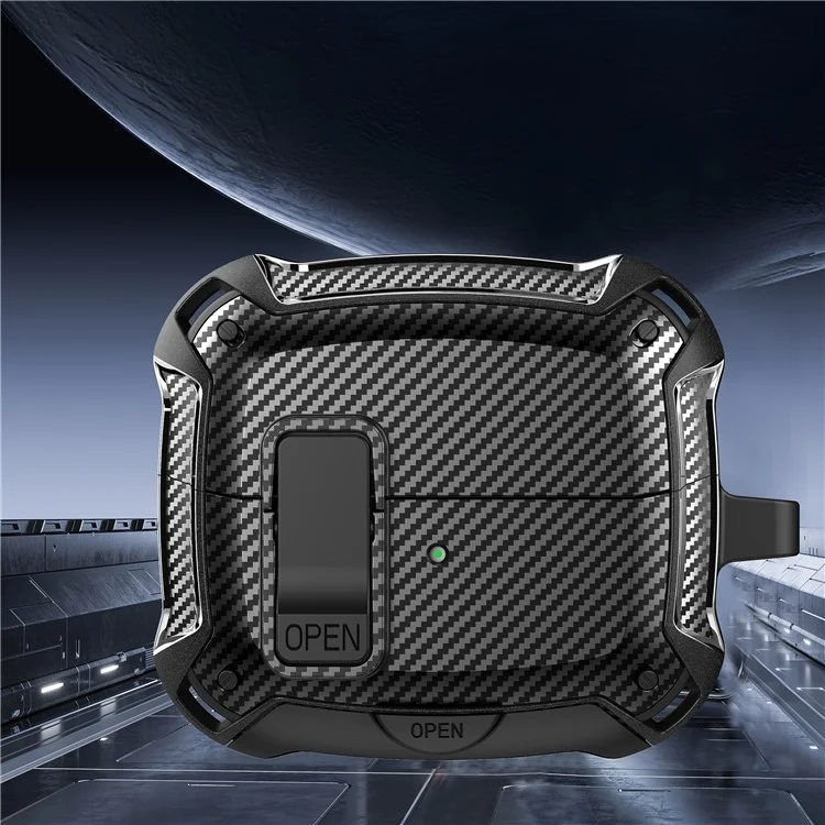 Funda de Fibra de Carbono para Samsung Galaxy Buds3 Pro / Buds3 con Interruptor de Bloqueo, Mosquetón y Soporte para Teléfono - Negro