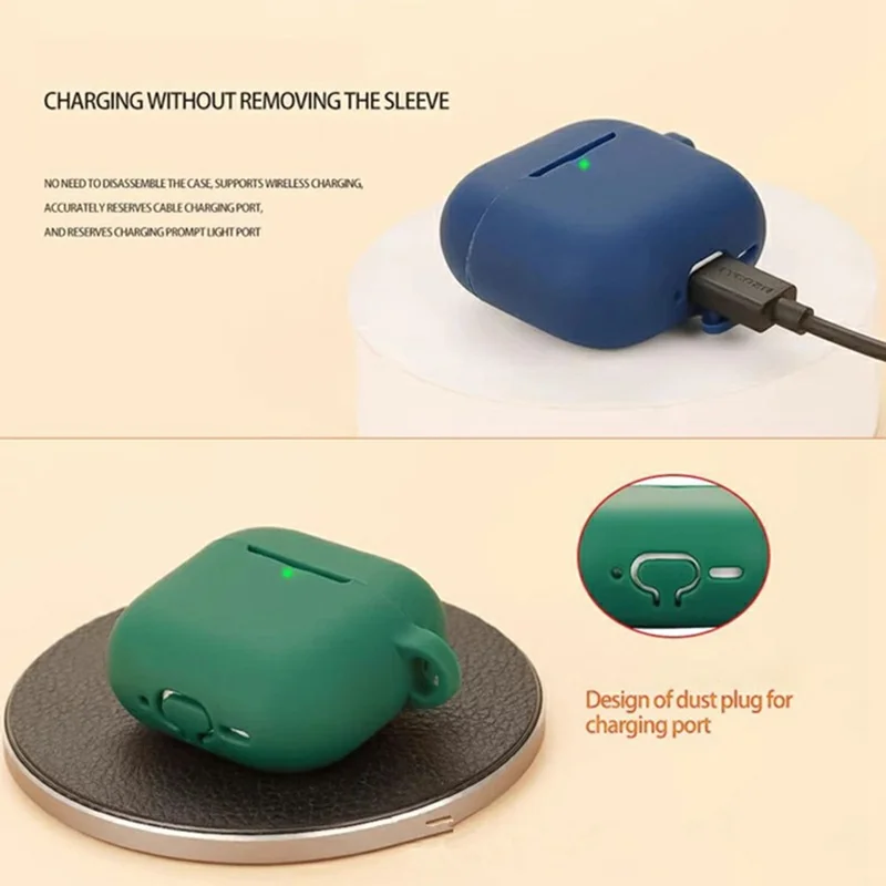 For AirPods 4 Silicone Case Bluetooth-Compatible Earphones Protective Cover with Anti-Lost Buckle + Cleaning Brush - Red