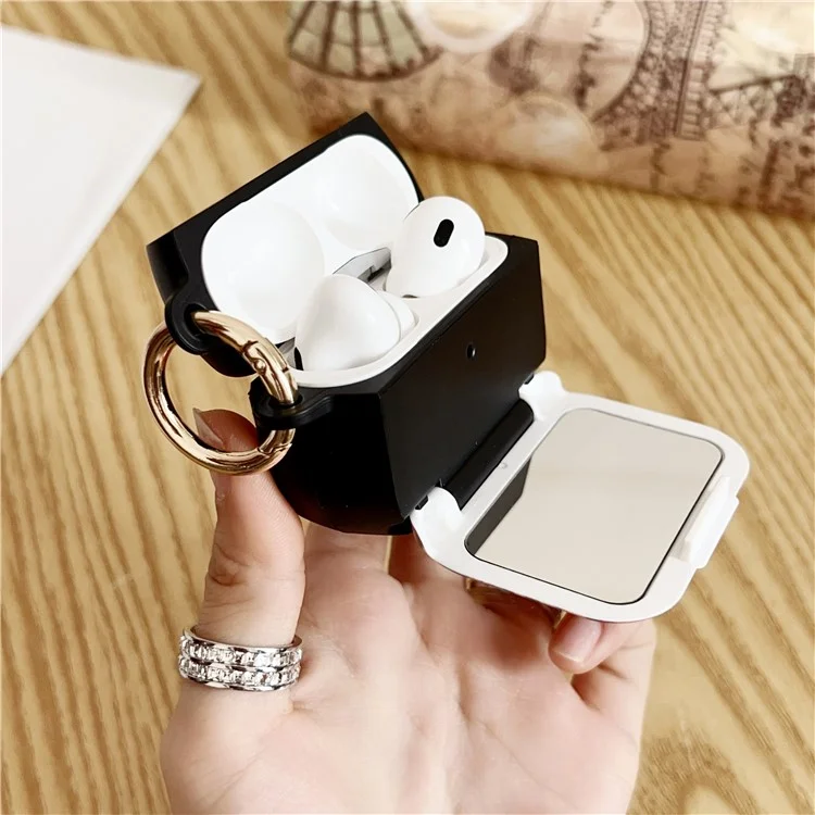 For AirPods Pro 2  /  Pro Protective Case PC + TPU Leopard Earphone Cover with Mirror and Hook - Black