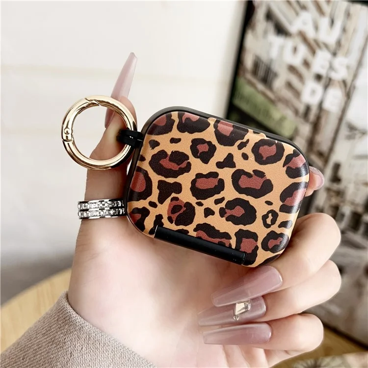 For AirPods Pro 2  /  Pro Protective Case PC + TPU Leopard Earphone Cover with Mirror and Hook - Black