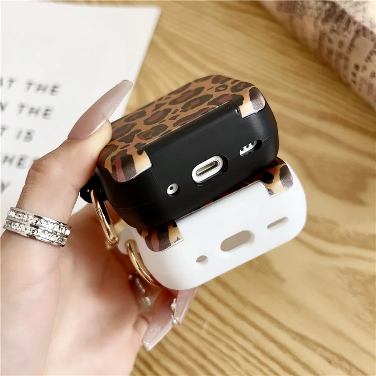 For AirPods Pro 2  /  Pro Protective Case PC + TPU Leopard Earphone Cover with Mirror and Hook - Black