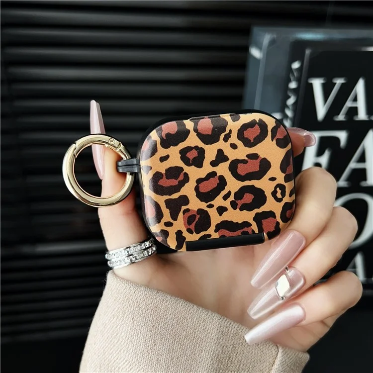 For Apple AirPods 3 Protective Case PC + TPU Leopard Earphone Cover with Mirror and Hook - Black