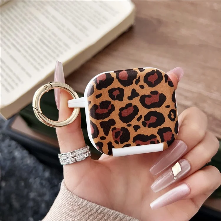For AirPods 4 Protective Case PC + TPU Leopard Earphone Cover with Mirror and Hook - White