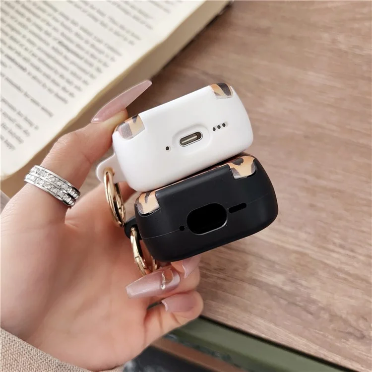For AirPods 4 Protective Case PC + TPU Leopard Earphone Cover with Mirror and Hook - White