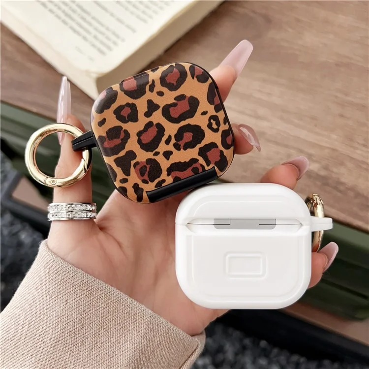 For AirPods 4 Protective Case PC + TPU Leopard Earphone Cover with Mirror and Hook - White