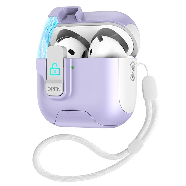 For AirPods 4 Protective Case Splicing Color Earphone Cover with Auto Pop-Up Magnetic Lid  /  Lanyard - White  /  Purple