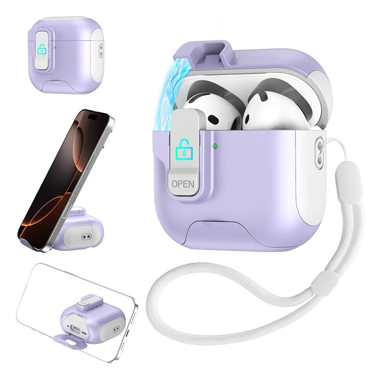 For AirPods 4 Protective Case Splicing Color Earphone Cover with Auto Pop-Up Magnetic Lid  /  Lanyard - White  /  Purple