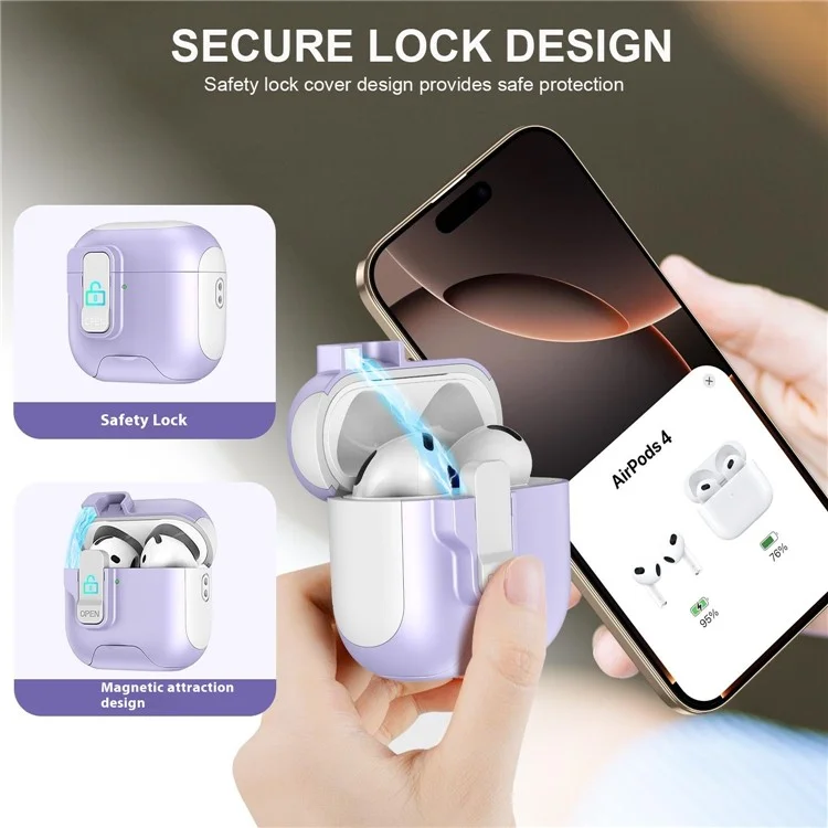 For AirPods 4 Protective Case Splicing Color Earphone Cover with Auto Pop-Up Magnetic Lid  /  Lanyard - White  /  Purple